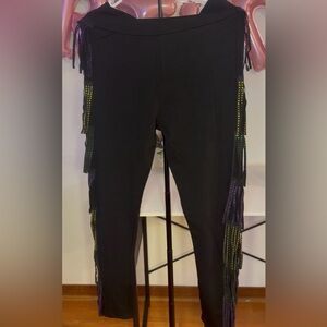 Mardi Gras Black Leggings with Fringe Detail